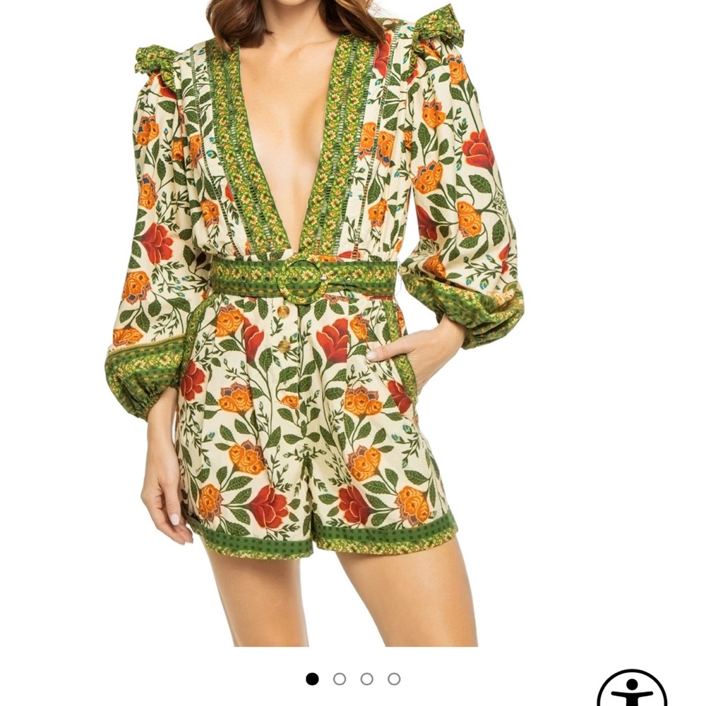 NWT FARM Rio Garden Tapestry Sand Romper w/deep V-neck and matching Belt. Size M